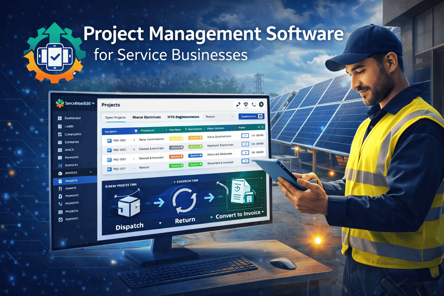 Project management software dashboard dispatch return convert to invoice ServiceKhata360